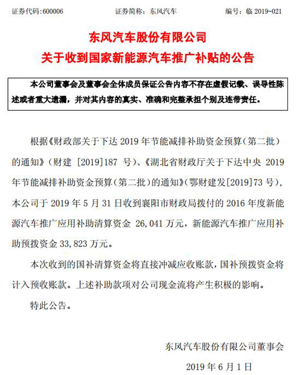 东风汽车获近6亿元新能源补贴