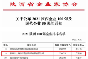 法士特连续10年入围“2021 陕西 100 强企业”名单