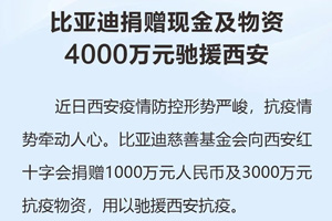 比亚迪捐赠现金及物资4000万元驰援西安