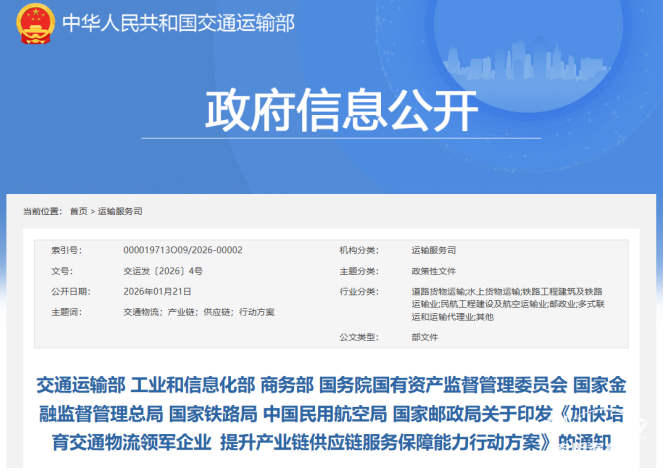 交通部等八部门印发《加快培育交通物流领军企业提升产业链供应链服务保障能力行动方案》