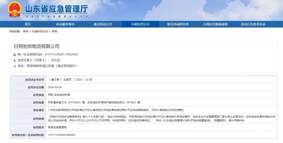 日照一物流公司无证经营危化品被罚11万元
